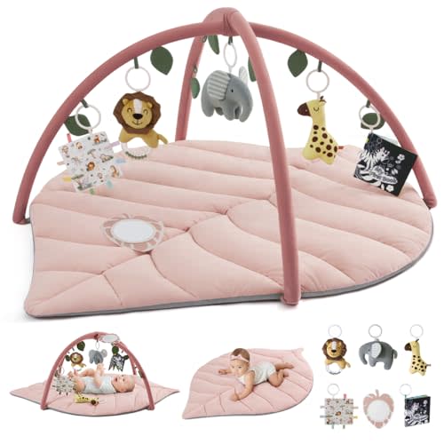 Blissful Diary Baby Play Gym & Activity Mat, Oversize Leaf Shaped Tummy Time Baby Play Mat w 6 Detachable Toys Promotes Motor Skills & Sensory Development, Newborn Infant Essentials Gift, Crystal Pink
