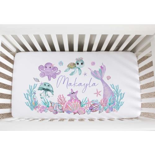 Mermaid Under The Sea Crib Sheet, Personalized Nursery Bedding, Girl Crib Bedding, Baby Shower Gift, Mermaid Nursery, MNR001