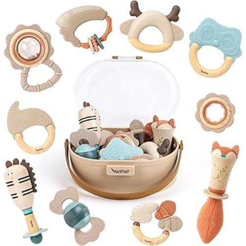 Baby Rattles & Teethers Set – Baby Toys 0-6 Months, Teething Toys 3-6 Months, Sensory Toys with Soft Textures, Gentle Sounds & Easy-Grip Shape, Neutral Newborn Gift(10-Pack)