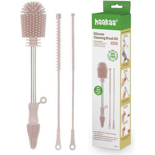 Haakaa Silicone Cleaning Brush Kit – Household Cleaning Brushes for Bottles and Crevices – Food-Grade Silicone: Dishwasher Safe (Kit-Blush)