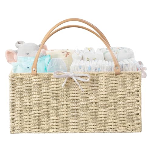 HBlife Large Baby Diaper Caddy Organizer, Paper Rope Storage Baskets Nursery Bin with Removable Divider, Portable Car Organizer for Diapers, Baby Shower Gifts, Newborn Essentials Must Haves