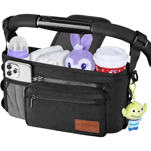 Guiseapue Universal Stroller Organizer with Cup Holder Detachable Phone Bag and Shoulder Strap, Stroller Caddy Fits for Stroller Accessories like Uppababy, Baby Jogger, Doona, Nuna Stroller