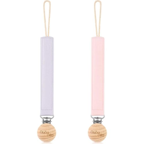 Baby Pacifier Clip, 2 Pack Fabric Pacifier Clips, Super Soft Fabric Strap with Wooden Clip, Pacifier Clips for Baby Girl & Boy (Pale Mauve/Blush)