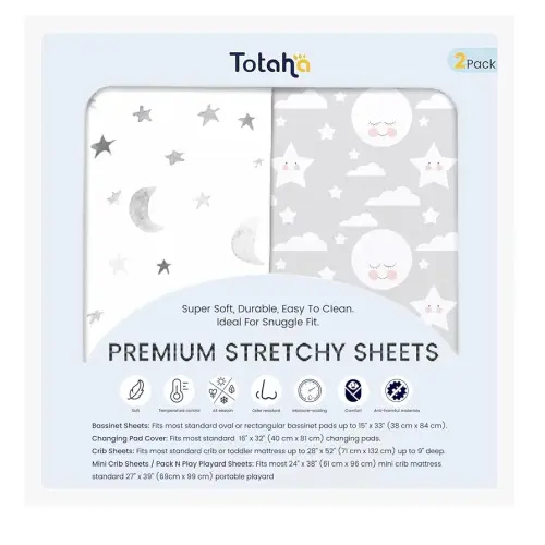 TotAha Premium Soft Bassinet Sheet for Boy Girl, Super Stretchy Jersey Knit Bassinet Fitted Sheet, Compatible with Halo, Maxi COSI, Mika Micky, SNOO, Baby Delight Mattress, 2 Pack, Moon & Grey Sky