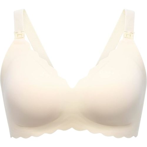 Momcozy Nursing Bras for Breastfeeding, Seamless Pregnancy Maternity Bra Wireless Classic Jelly Strip Support Nursing Bra - Large - Cream