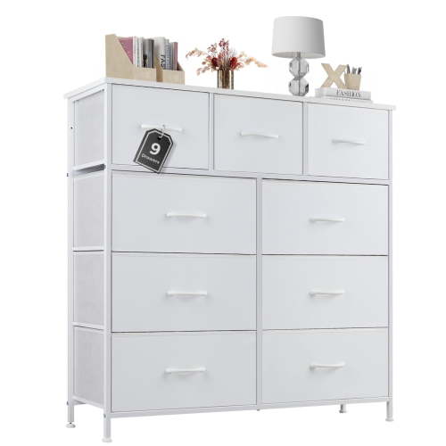 Aidoly 9-Drawer Dresser with Wooden Top, Adjustable Feet, Sturdy Metal Frame Dressers for Bedroom, Living Room, White