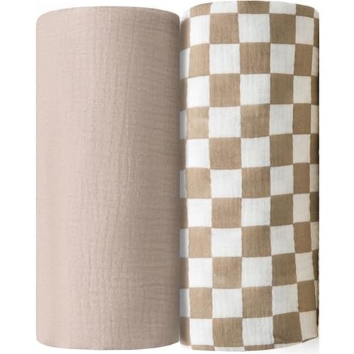 Little Jump 2-Pack Muslin Swaddle Blankets for Baby Boys Girls - Boho Baby Blanket Unisex- Large 47 x 47 inches Receiving Blanket Neutral(Khaki & Checkered)