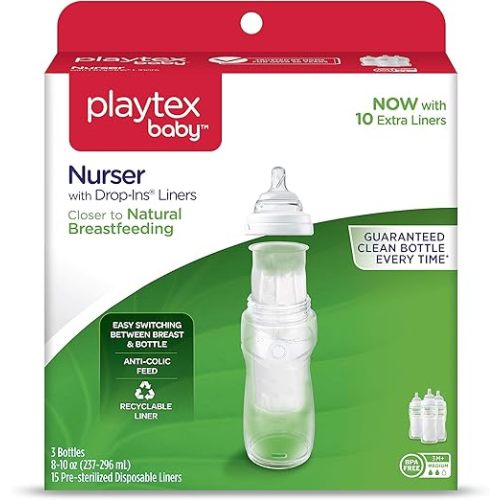 Playtex Baby Nurser Bottle with Pre-Sterilized Disposable Drop-Ins Liners, Closer to Breastfeeding, 8 Ounce Bottles, 3 Count