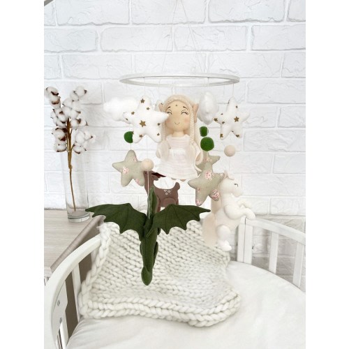 Baby Elf Girl Mobile, Green Dragon Nursery Decor, Deer, Steed, Stars and Cloud Crib Mobile, LOTR Baby Shower Gift, Dragon Nursery, Lord of