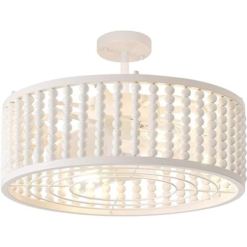Ceiling Fans with Lights and Remote - Bulbs Included, Caged Fandelier with Handcrafted Beaded Décor 19 inches Reversible Flat and Angled Ceiling Installation, White