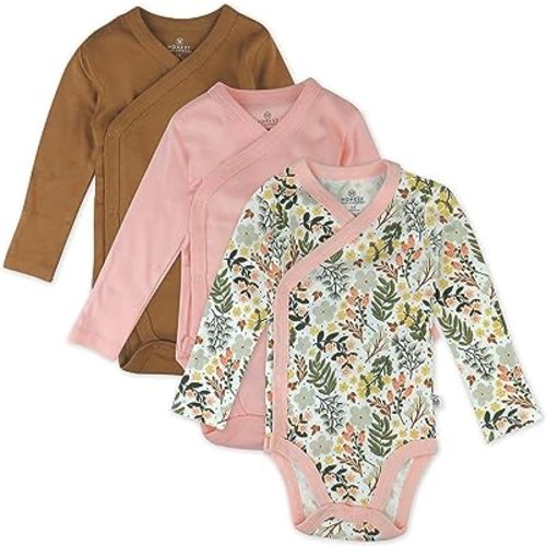 HonestBaby unisex-baby 3-pack Long Sleeve Side-snap Kimono Bodysuits Organic Cotton for Infant Baby Boys, Girls, Unisex