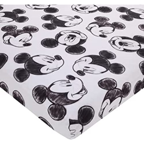 Disney Mickey Mouse - Charcoal Black and White Smiling Mickey Mouse Nursery Fitted Polyester Mini Crib Sheet