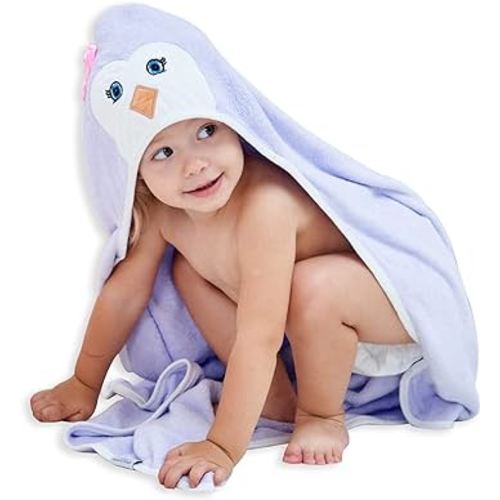 HIPHOP PANDA Hooded Baby Towel - Rayon Made from Bamboo, Soft Hooded Bath Towel for Babie, Toddler,Infant, Perfect for Boy and Girl - (Purple Penguin, 30 x 30 Inch)