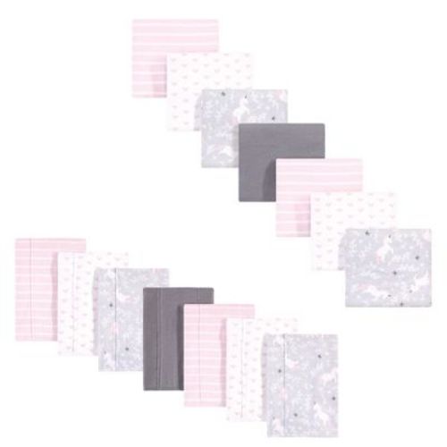 Hudson Baby Infant Girl Cotton Flannel Burp Cloths and Receiving Blankets, 14-Piece, Whimsical Unicorn, One Size