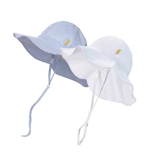 DASMINI Baby & Toddler Wide Brim Sun Hats UPF 50+ Sun Protection Bucket Cap Cute Adjustable Hat in Seersucker