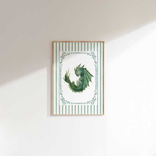 Magical Dragon Wall Print| Whimsical Dragon Decor| Fairy Tale Dragon Poster| Digital Downloadable Wall Art| Green Stripes Wall Print| L677