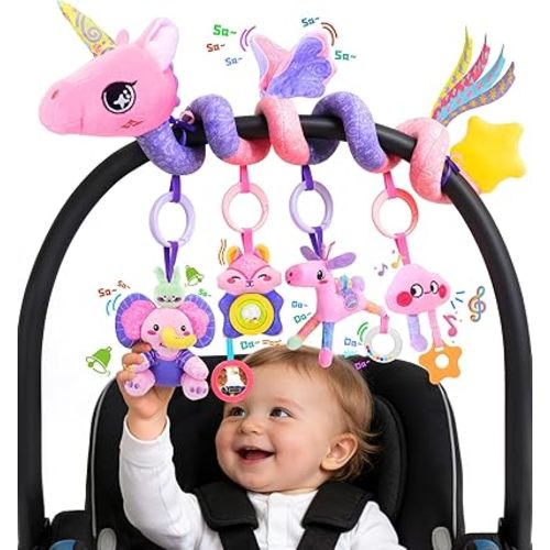 Musical Car Seat Toy for Babies 0-12 Months Girl, 5-in-1 Sensory Activity Hanging Toy Stroller Toy with Soothing Music, Rattle, Mirror for Newborn Infants Essential Gifts, Unicorn