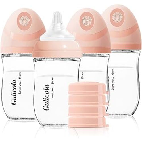 Gulicola Natural Glass Baby Bottle 4 Pack, Newborn Breastfeeding Bottles Set, Extra Slow Flow Nipples (SS), Anti Colic, 0 Months+, 5 oz - Pink