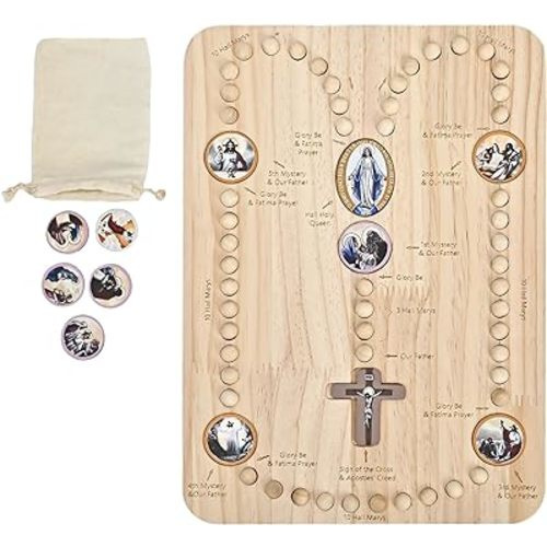 RERUICO Wooden Rosary Board with 54 Rosary & 22 Mysteries Prayer Cards Montessori Educational Toy Catholic Rosary for Kids to Learn Pray