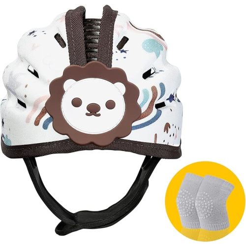 Baby Safety Helmet, Breathable Baby Crawling and Walking Helmet, Toddler Soft Helmet, Anti-Collision, Ultra-Lightweight, Expandable and Adjustable Age 6m-24m (Brown Lion)