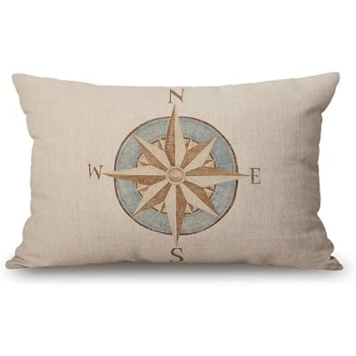 Solekla Nautical Compass Pillow Covers 12" x 20" Lumbar Pillow Covers Home Decorative Cotton Linen Cushion Case for Sofa Couch Housewarming Family Room Décor