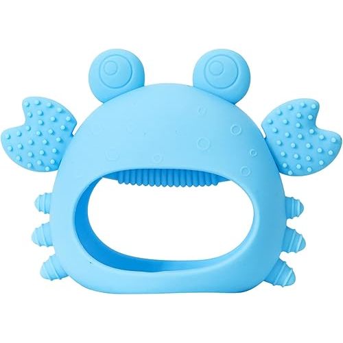 Never Drop Teething Toys for Babies, Baby Mitten Silicone Teether for Soothing Teething Pain Relief, Baby Chew Toys for Sucking Needs (Crab Blue)