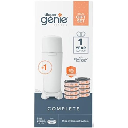 Diaper Genie Registry Gift Set | Includes Diaper Genie Complete Diaper Pail, 8 Refill Bags, 1 Carbon Filter | 1 Year Supply