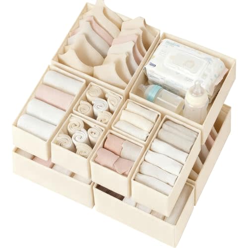 Criusia Drawer Organizer Clothes 12 Pack, Dresser Organizer for Nursery Bedroom Closet Organization and Storage - Baby Clothes Organizer Bins - Drawer Divider for Sock Underwear Bra Ties (Beige)
