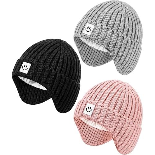 3 Pack Baby Beanie Hats with Earflaps, 2 Size Baby Winter Hat for Newborn Infant Toddler Kids Children with Cute Smiley Face, Soft Warm Fleece Lined Knit Hat for Girls Boys-02