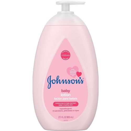 Johnson's Moisturizing Mild Pink Baby Lotion with Coconut Oil for Delicate Baby Skin, Paraben-, Phthalate- & Dye-Free, Hypoallergenic & Dermatologist-Tested, Baby Skin Care, 27.1 Fl. Oz