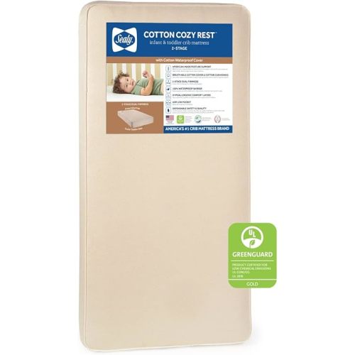 Sealy Baby Cotton Cozy Rest Breathable Cotton 2-Stage Dual Firmness Waterproof Baby Crib Mattress & Toddler Bed Mattress, 204 Premium Coils, Hypoallergenic Crib Mattress, Made in USA, 52"x28"