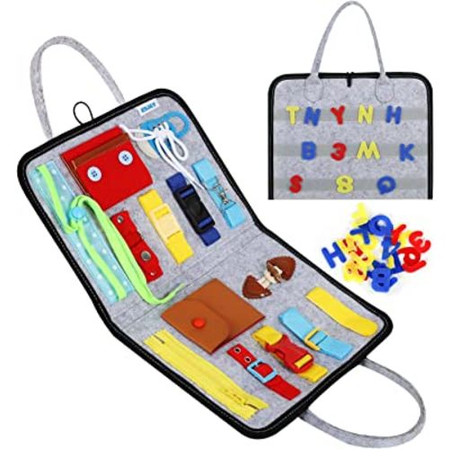 Esjay Toddler Busy Board, Sensory Board for Fine Motor Skill, Montessori Toys Toddler Activities for Travel, Car(Grey)