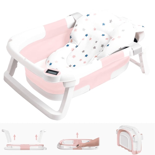 Collapsible Baby Bathtub,BUSATIA Baby Bath Tub with Soft Thermometer & Soft Floating Cushion & Bath Net,Baby Bathtub Newborn to Toddler 0-36 Months,Portable Travel Baby Tub,Pink