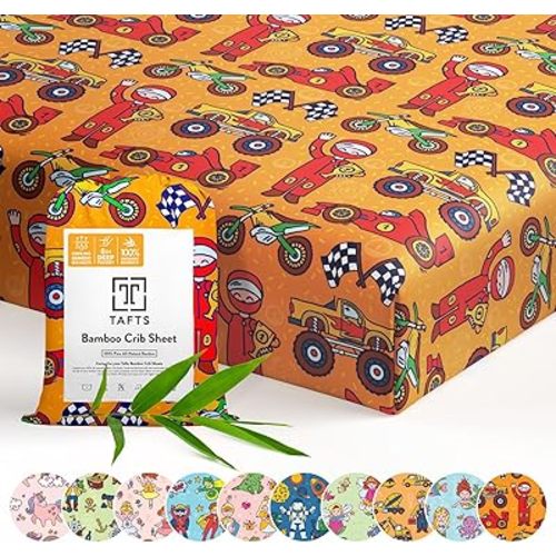 Tafts 100% Viscose Fitted Crib Sheets, Girls, Boys & Unisex, 8 Inch Deep Pocket, Standard Crib & Toddler Mattress, Cooling, Soft, 360 Elastic, Lifetime Quality (28 x 52 Racecar)