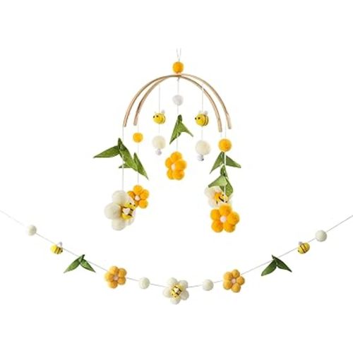 Baby Mobile for Crib Crib Nursery Mobile for Boys Girls Boho Bee Flower Nursery Decor Soothe Toy Baby Shower Set for Infant Bedroom Hanging Decoration Toy