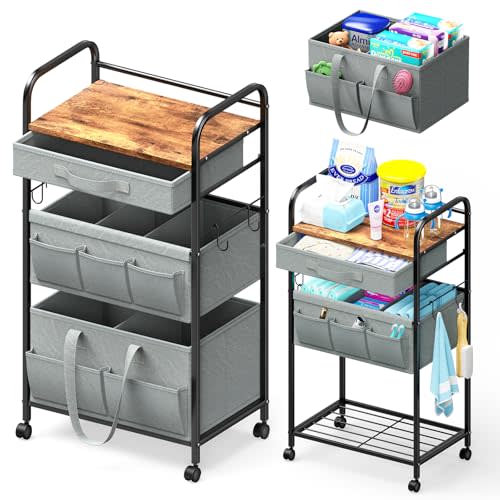 Baby Diaper Caddy Organizer Cart - 3 Tier Metal Rolling Utility Cart with Drawer & Removable Basket & Wheels - Bedside Diaper Cart for Baby Supplies Storage, Nursery, Bedroom, Bathroom