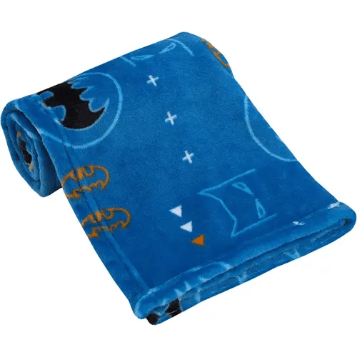 Warner Brothers Batman Blue, Orange, and White with Icons, Emblems, and Triangles Super Soft Baby Blanket