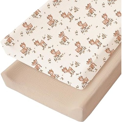 Konssy 2 Pack Muslin Changing Pad Cover for Baby Girls Boys 100% Cotton Fitted Diaper Changing Table Cover Set, Soft Changing Pad Sheets (Deer,Wheat)