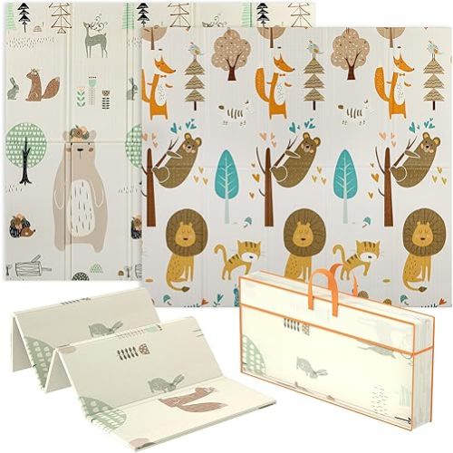 Qaba Tapis de jeu pour bébé 195,6 x 175,3 cm, extra large double face pliable pour bébés et tout-petits, tapis de sol en mousse réversible et imperméable pour nourrissons, thème animal