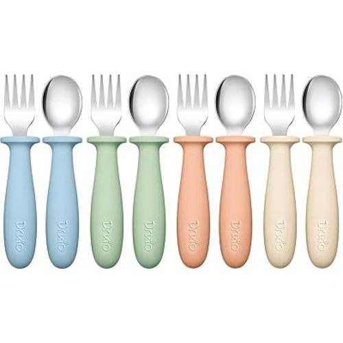 DRKIO 8 Pieces Toddler Utensils Set - Kids Silverware Set with Silicone Handle Children Safe 18/8 Stainless Steel Forks and Spoons Anti-Choke Design Food Grade Dishwasher Safe