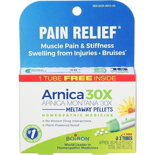 Boiron Arnica Montana 30X Homeopathic Medicine for Relief from Muscle Pain, Muscle Stiffness, Swelling from Injury, and Discoloration from Bruises - 3 Count (240 Pellets)