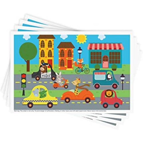 Disposable Stick-on Placemats 40 Pack for Baby & Kids, Toddler Placemats in Reusable Pouch 12" x 18" (Multicolor Animals Driving Cars)