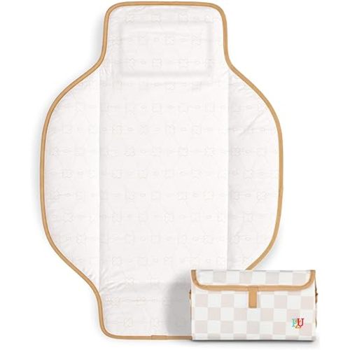 PZU Portable Diaper Changing Pad - Waterproof Travel Changing Mat with Built-in Pillow, Gifts for Baby Shower, Newborn Girls & Boys(Beige Checkers)