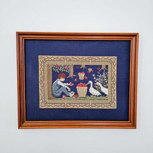 Vintage Framed Cross Stitch Wall Art Boy Picking Apples With Geese