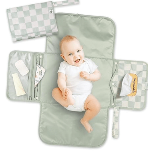 Tiny Twinkle Portable Diaper Changing Pad | Waterproof, Wipeable & Compact Baby Changing Pad for Travel | Smart Wipes Pocket & Organized Storage| Newborn Shower Gift (Sage Checkers)