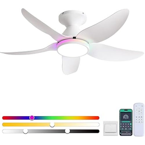 Ceiling Fans with Lights Remote/APP Control, 38" Low Profile Ceiling Fans with Dimmable White Colors+Ring RGB Lights, 6 Speeds 5 Reversible Blades for Kids Room Bedroom Living Room, White