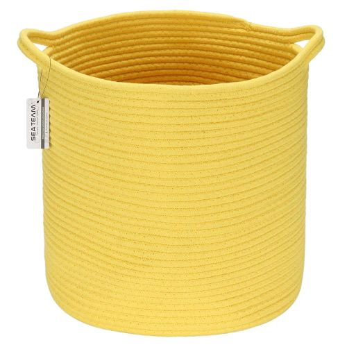 Sea Team Medium Size Cotton Rope Woven Storage Basket with Handles, Laundry Hamper, Trunk Organizer, Clothes Toys Bin for Kid's Room, 14 x 14 inches, Round Open Design, Yellow