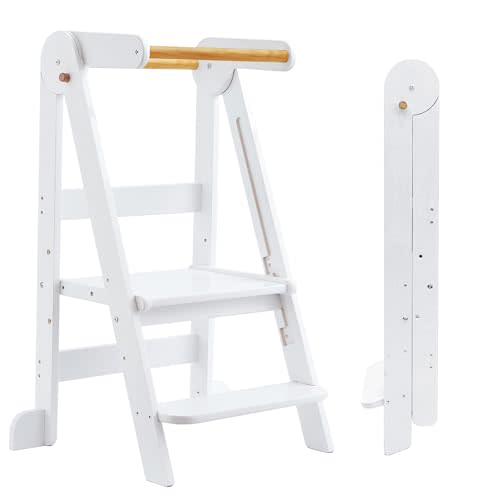 Foldable Toddler Tower Preassembled Kitchen Stool, Folding Tower for Learning with 3 Adjustable Heights Montessori Toddler Standing Tower Collapsible Step Stool for Kids 1-6 Years, White