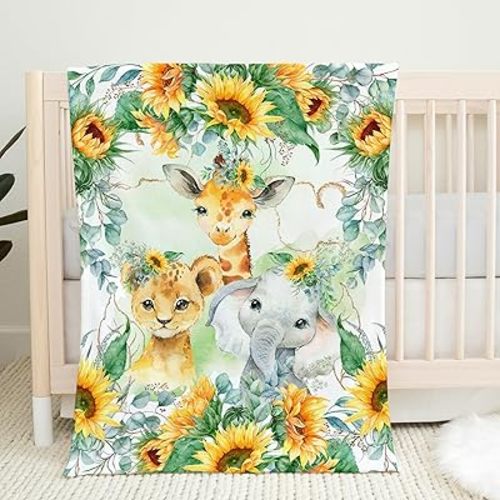 UNIQUE Sunflower Safari Ultra Soft Fleece Baby Blanket 30x40in, Cute Lion Elephant Giraffe Baby Blanket, Girl