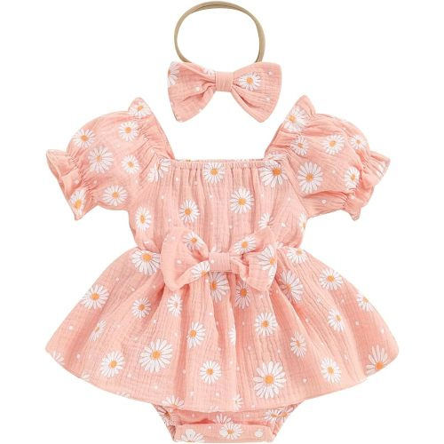 Baby Girls Daisy Romper Bowknot Bodysuit+Headband Short Sleeve Playsuits Floral Jumpsuit Infant Summer Clothes